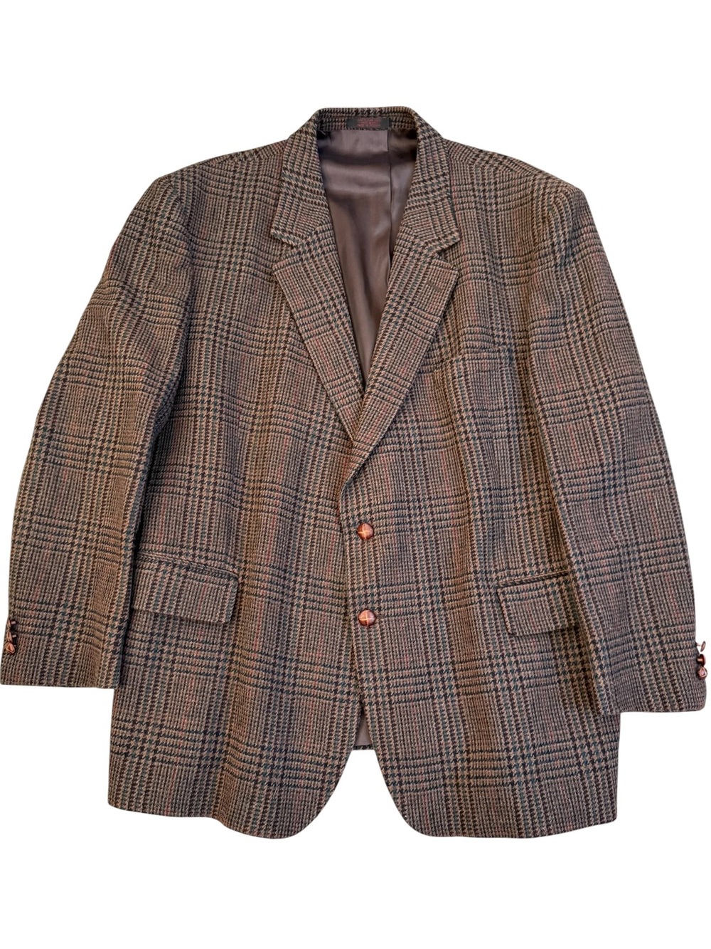 VTG 80s Boston Traders Pure Wool Blazer 50R Glen Plaid Tweed Sport Coat Brown